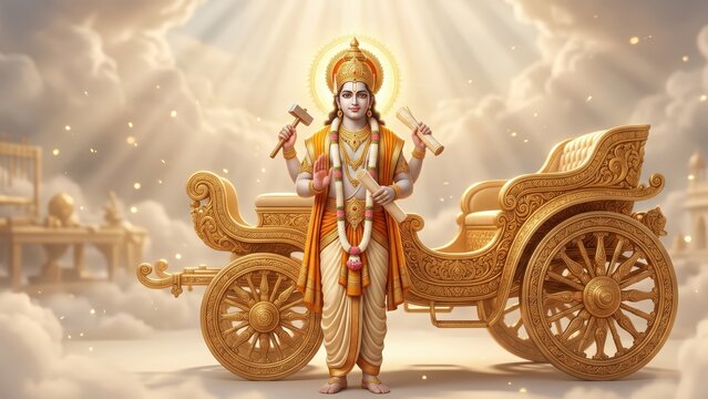 Vishwakarma Puja Devotional Artwork with Celestial Chariot