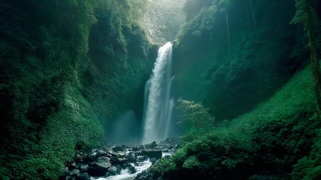 A powerful waterfall cascades down a lush green cliffside in a remote tropical forest.