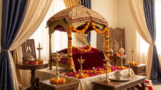 Traditional guru nanak jayanti palki sahib decoration with diyas