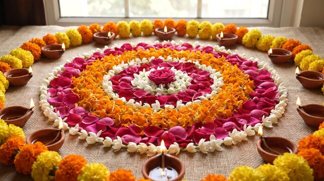 Traditional flower rangoli with lit diyas for guru nanak jayanti
