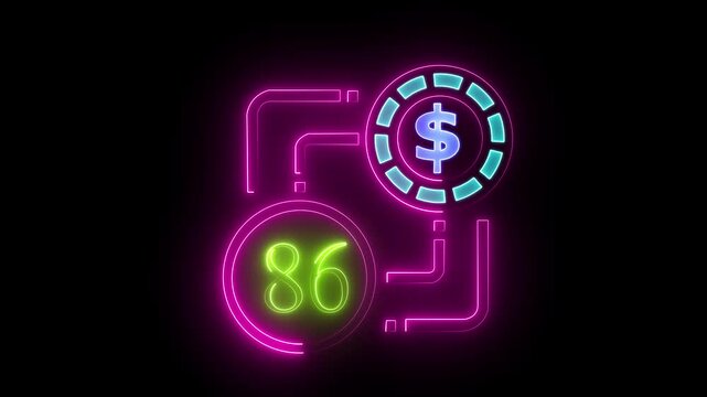 86 dollar sign text vibrant neon green on black background, financial wealth and currency concept. Neon check mark with payment successful. Confirmation, money transaction concept.