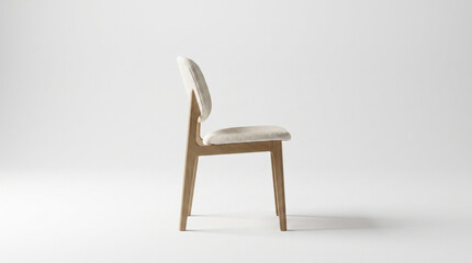 Fototapeta premium Modern Minimalist Wooden Chair with White Fabric Upholstery Side View