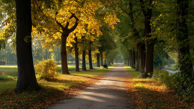 A scenic forest path in autumn, perfect for seasonal designs and nature lovers.
