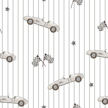 Little Vintage Racer Seamless Pattern with White Cars for Boys Nursery