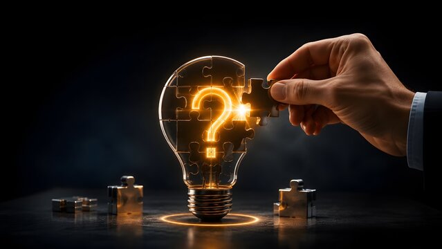 Hand inserting final puzzle piece into a lightbulb with a glowing question mark representing creative problem solving and innovation