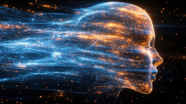 Digital ethereal face composed of particles