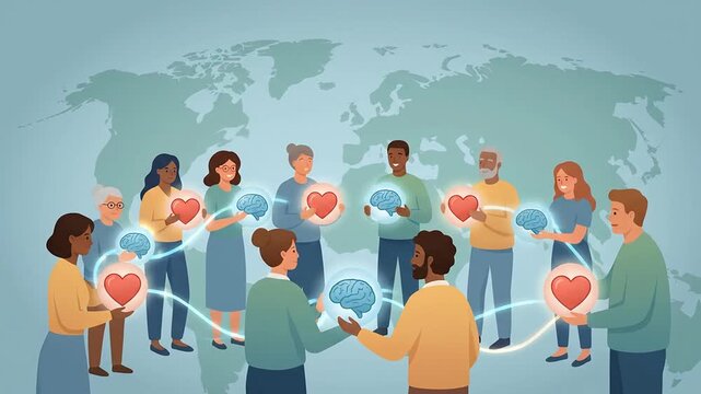 Diverse people connecting heart and brain symbols for global mental health.