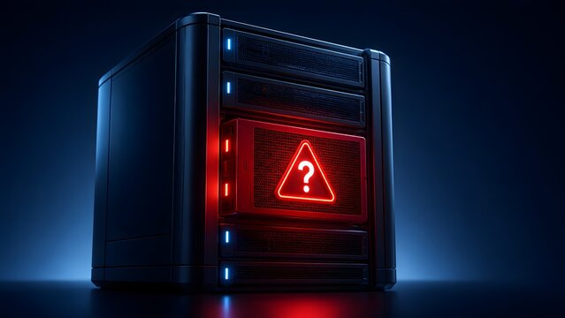 Server rack with a glowing red drive bay and warning question mark representing hardware failure and data storage vulnerability