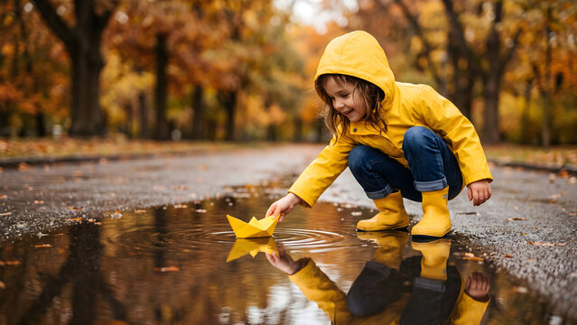 Little girl in yellow raincoat playing with paper boat in autumn puddle
