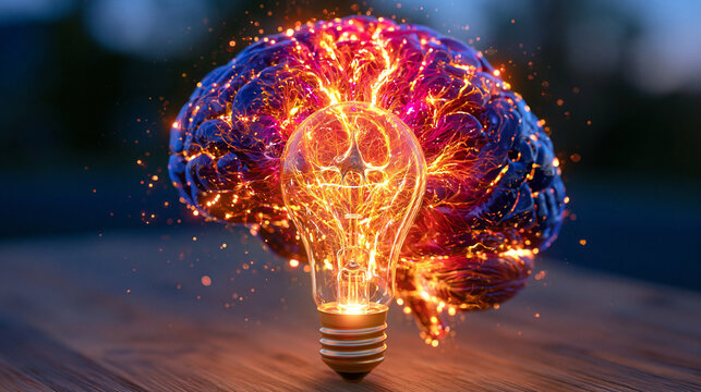 Bright conceptual digital illustration of a brain connected to a glowing light bulb through intricate luminous neural pathways, symbolizing knowledge creativity and new ideas, vivid cyan yellow mage