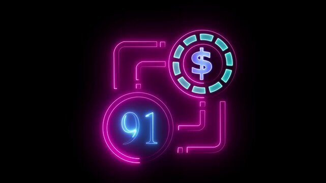 91 dollar sign text vibrant neon green on black background, financial wealth and currency concept. Neon check mark with payment successful. Confirmation, money transaction concept.