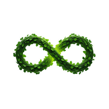 Green leaf infinity symbol isolated on white background, endless nature and sustainability concept