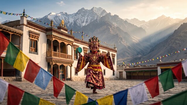 Traditional Ladakhi Masked Dancer with Prayer Flags in Zanskar