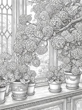 Disegni da colorare intricati in bianco e nero con scorci di borghi e botteghe vintage