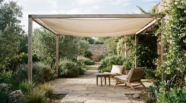 Covered patio with wooden chairs in a lush garden setting.
