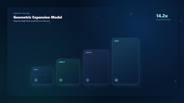 Abstract Geometric Expansion Model interface showing data progression with glowing blue UI elements on dark background