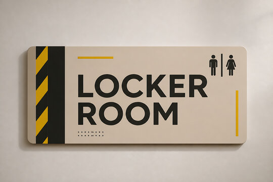 A rectangular sign with black and yellow hazard stripes on the left, displaying "LOCKER ROOM" in large text next to human icons, mounted on a plain wall.