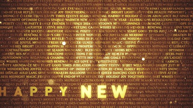 Happy New Year And Happy Holidays Gold Background
Golden festive happy new year background reveal with typography graphic effects and depth of field blur over shining particles to celebrate january ho