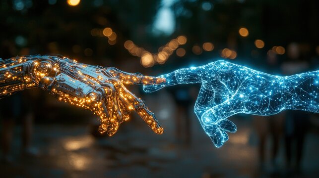 Digital hands reaching in a blurred background