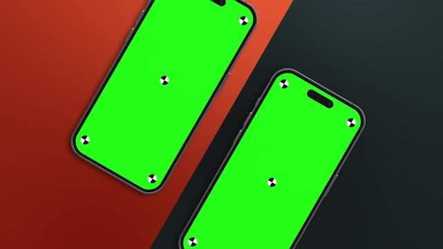 3d rendered iphone 14 pro with green screen tracking marks and rotations on colorful background