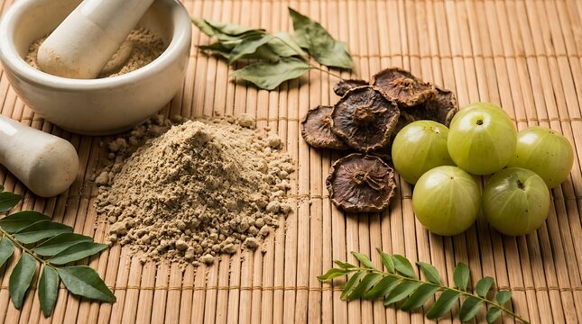 Fresh amla fruit with herbal powder and mortar on a wooden bamboo mat. amla powder