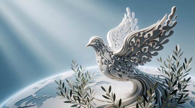 Majestic White Dove Surrounded by Olive Branches in Soft Radiant Light