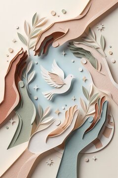 Caring Hands and White Dove Surrounded by Olive Branches in Paper Cut Art