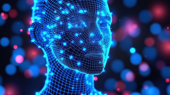 Digital human figure glows against bokeh lights