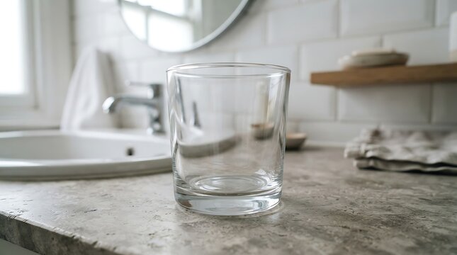 Empty glass of water on a bathroom countertop.