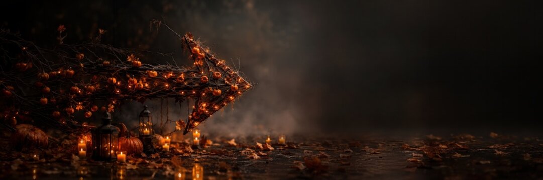 Autumn leaves forming right arrow, seasonal change concept for advertising with copy space for text