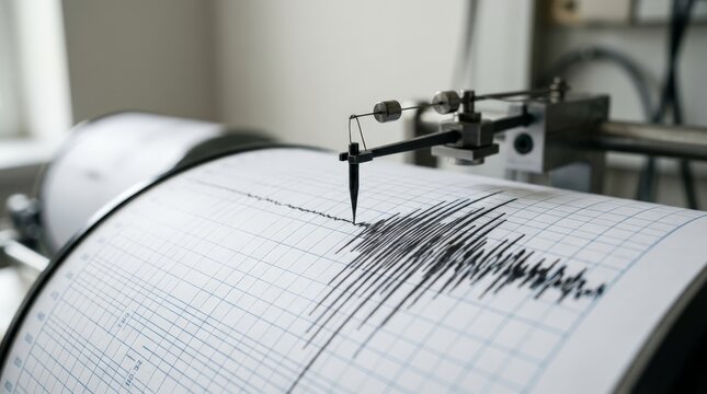 A close up view of a seismograph drum recording seismic activity as an earthquake starts, with the needle drawing erratic lines on graph paper, underscoring the seismometer