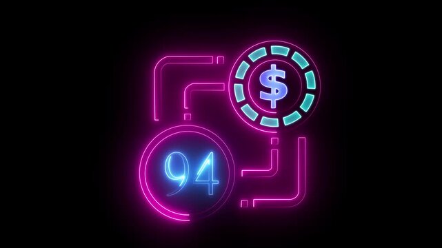 94 dollar sign text vibrant neon green on black background, financial wealth and currency concept. Neon check mark with payment successful. Confirmation, money transaction concept.