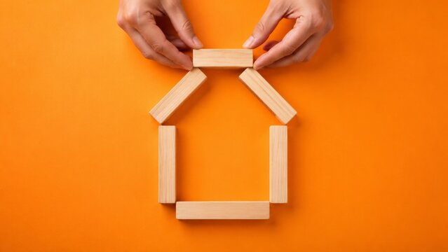 Two hands place the final wooden roof piece to complete a house-shaped outline made of small wooden blocks against a bright orange background from above for property marketing