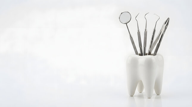 Dentistry instruments in tooth shaped cup with dental tools