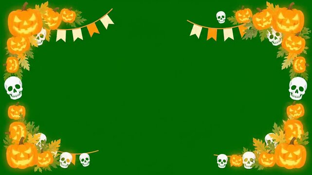 Animated Halloween border frame with pumpkins skulls and bunting flags on a green screen background for video overlay and motion graphics editing projects party