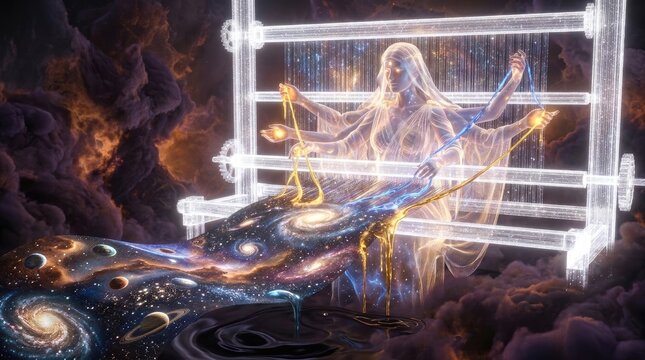 Celestial goddess weaving cosmic loom of fate, representing greek mythology concept named moirai or fates spinning destiny, creating spiral galaxies, planets, stardust.