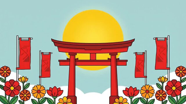 Traditional red Japanese torii gate with flags and flowers at sunset