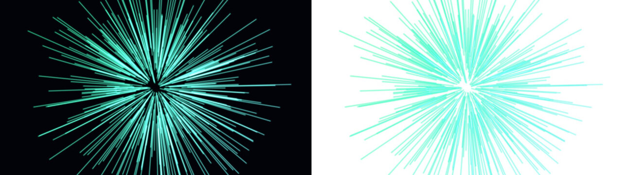 Teal starburst explosion effect, glowing radial light rays, abstract cyan sunburst design for cinematic motion graphics isolated PNG with Transparent Background