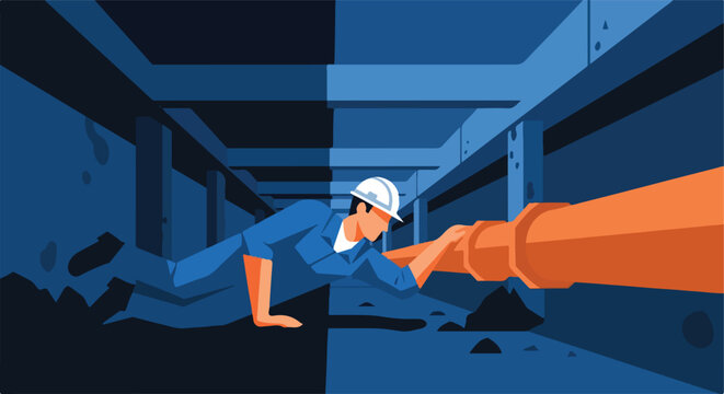 Worker crawling under structure fixing large pipe