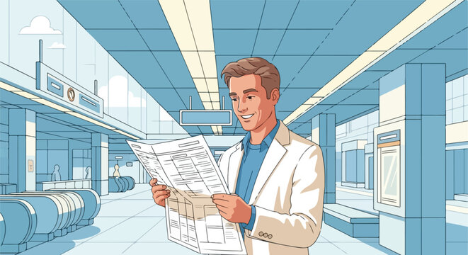 Man reads newspaper at subway station