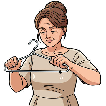 Woman with clothes hanger, choosing outfit in her closet