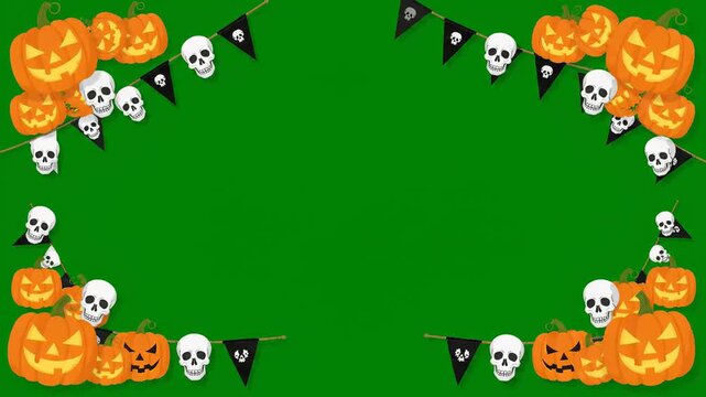 Animated Halloween border frame with jack-o-lantern pumpkins and skulls on string bunting, isolated on green screen background for easy chroma key video overlay.