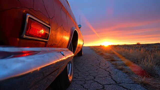 Vintage car driving on cracked road at sunset