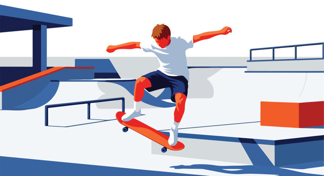 Young man skateboarding mid-air at an outdoor skatepark