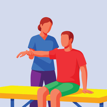 Medical professional assists patient with arm rehabilitation on a table