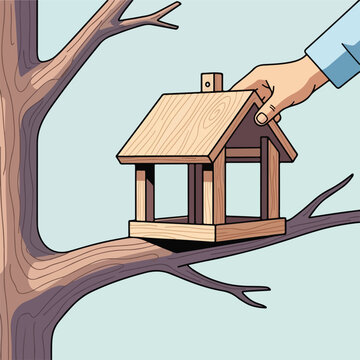 Hand places wooden bird feeder on tree branch