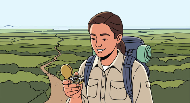 Hiker holds compass, surveying rolling hills and a distant horizon