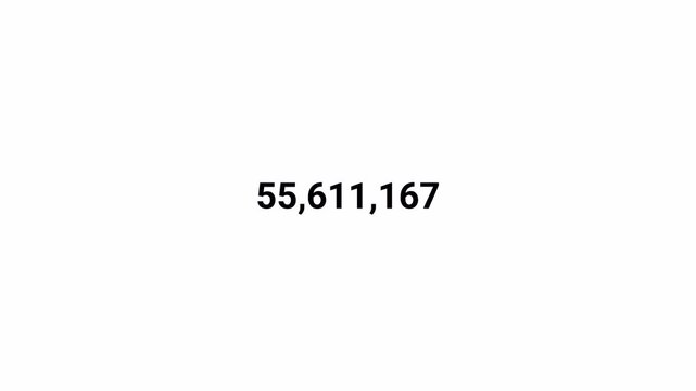 Number counter animation from 0 to 100,000,000 on transparent background, Animated counting numbers count up to one hundred million for likes, views & amount concepts.
