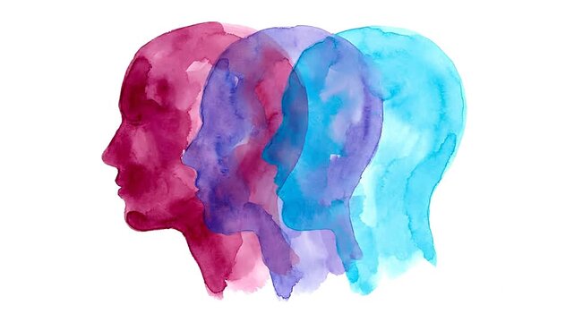 Overlapping watercolor human head profiles representing mental health concept.