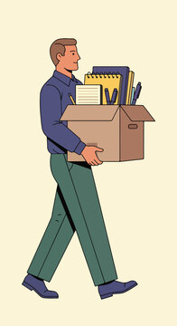Man carrying box of school supplies walks against plain background